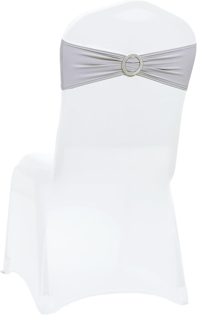 VDS - Light Silver | Spandex Chair Sashes Bows | 300 PCS | Stretch Elastic Banquet Universal Folding Chair Band Tie with Silver Buckle Slider for Wedding Party Conference Celebration Event Decoration
