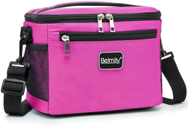 BEIMILY Lunch Box for Men/Women,Small Insulated Lunch Bag,Reusable LunchBox for work Picnic Beach,Leakproof Soft Cooler Tote Bag Organizer with Adjustable Shoulder Strap for Adults(Dark pink)