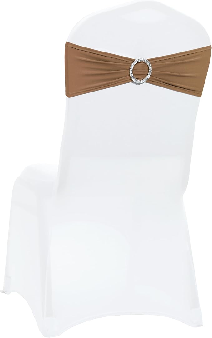 VDS - Mocha | Spandex Chair Sashes Bows | 25 PCS | Stretch Elastic Banquet Universal Folding Chair Band Tie with Silver Buckle Slider for Wedding Party Conference Celebration Event Decoration