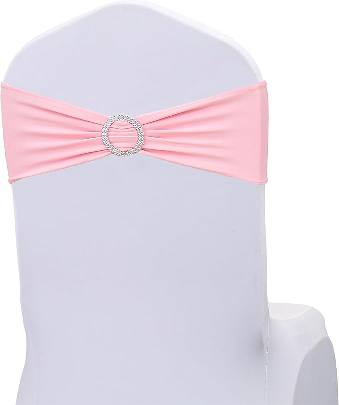 Spandex Pink Chair Sashes Bows 50 Pack Stretch Chair Bands with Silver Buckle for Wedding Party Birthday Engagement Banquets Anniversary Bridal Baby Shower Meeting Events Decorations