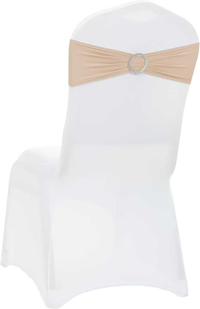 VDS - Champagne | Spandex Chair Sashes Bows | 300 PCS | Stretch Elastic Banquet Universal Folding Chair Band Tie with Silver Buckle Slider for Wedding Party Conference Celebration Event Decoration