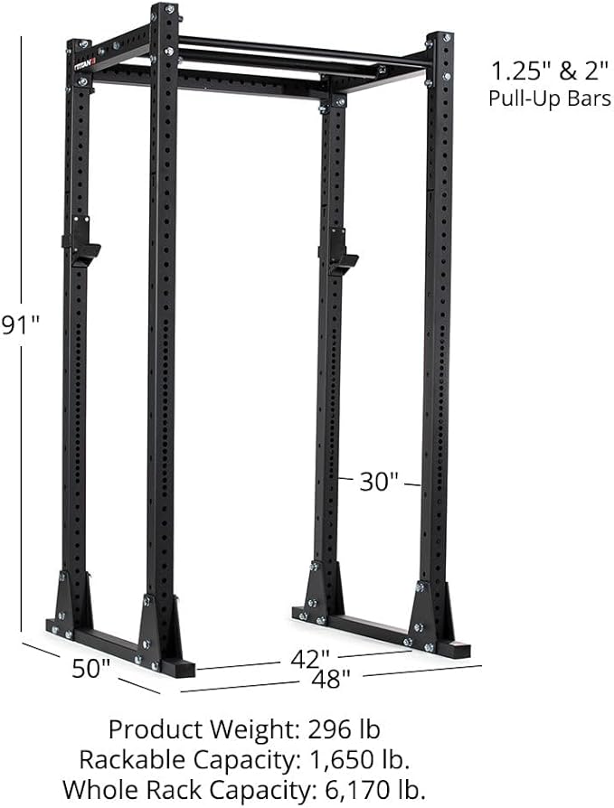 Titan Fitness X-3 Series Flat Foot Power Rack, 91" H x 30" D, 1,650 LB Rackable Capacity, Skinny & Fat Pull-Up Bars, Standard J-Hooks, for Home Garage Gym Weightlifting and Strength Training