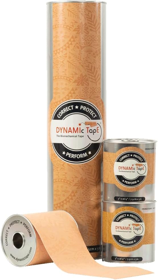 Dynamic Tape Original - Biomechanical Athletic Tape | 4 Way Stretch & Stronger Recoil Than Kinesiology Tape | Designed for Muscle & Joint Load Management | High-Load Sports (4pack - 3" Beige Roll)