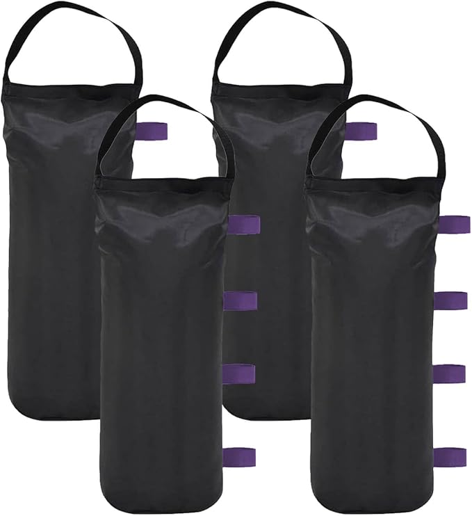 145 LBS Canopy Weights Sand Bags, 4-Pack Sand Bags for Weight Outdoor Advertising Tent Sunshade Fixed Windproof Pop up Canopy Tent Weights (Black-Purple Straps)