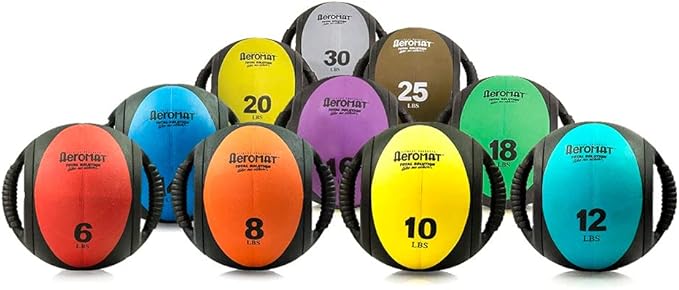 AEROMAT Dual Grip Power Medicine Balls for Abdominal Training and Rotational Movements - 9" Diameter - Weights Color-Coded
