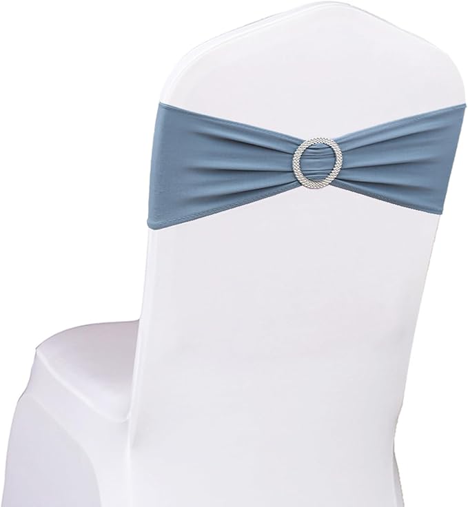 100 PCS Spandex Dusty Blue Chair Sashes Stretch Chair Bands with Buckles Slider Chairs Bows for Wedding Party Birthday Bridal Shower Engagement Banquet Anniversary Christmas Event Decor