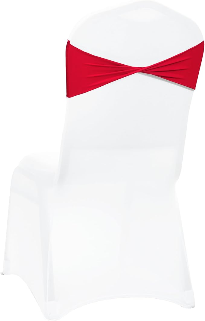 MDS Pack of 50 Spandex Chair Sashes Bows Elastic Stretch Dining Chair Bands Ties Without Slider Buckle Universal fits for Wedding Baby Shower Birthday Party Banquet Event Decoration - Red