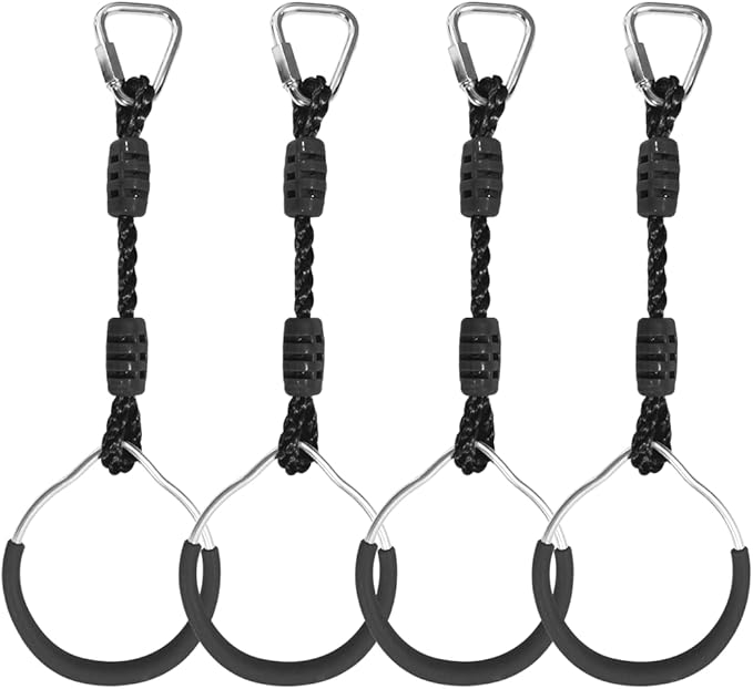 Hanging Ninja Gymnastic Ring Swing Monkey Bar Climbing Bar Jungle Fist For Outdoor Indoor Backyard Activities, 4 Pack Black Obstacle Course Rings Workout Playground Training Equipment Trapeze Play Set
