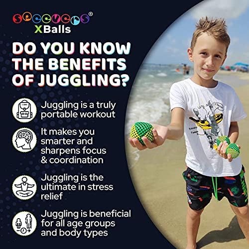 speevers Juggling Balls for Beginners and Professionals Set of 3, 14 Colors Available, 2 Layers of Net and Carry Case, Xballs Juggling Balls (3 Color Mix, 3.2 oz)