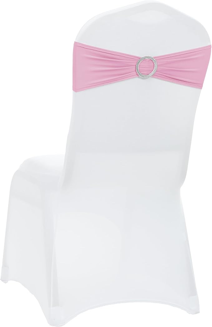 VDS - Blush Pink | Spandex Chair Sashes Bows | 100 PCS | Stretch Elastic Banquet Universal Folding Chair Band Tie with Silver Buckle Slider for Wedding Party Conference Celebration Event Decoration