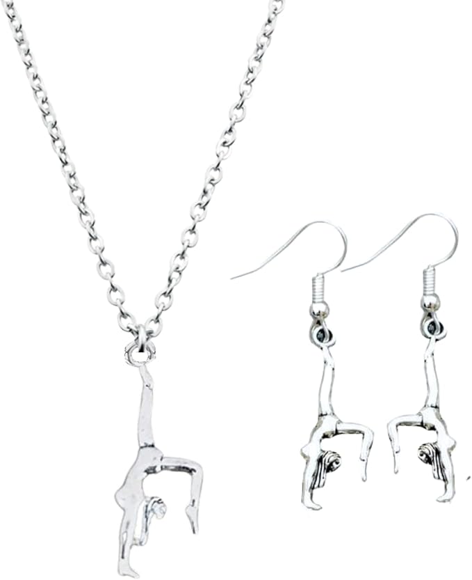 Gymnastics Jewelry Set – Girls' Gymnastics Necklace & Charm Earrings – Elegant Silver-Tone Gymnastics Gift for Girls and Teams
