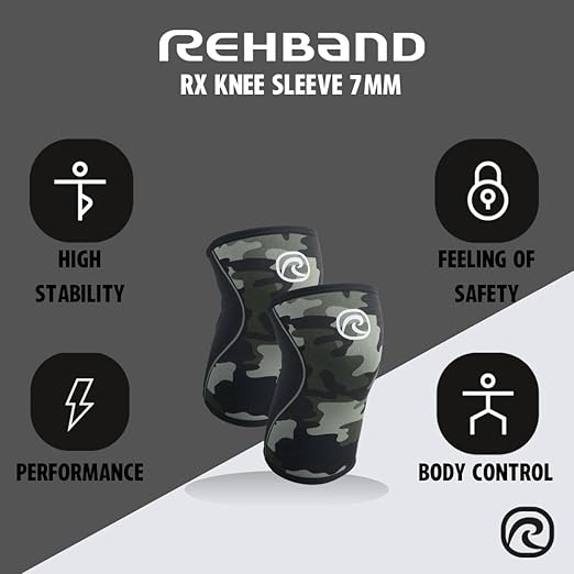 Rehband RX Knee Support for Strength Training & Fitness - 7mm Neoprene Knee Sleeve, Flexible & Non-Slip, Knee Sleeve for Men & Women, Colour:Camo - 1 Pair, Size:X-Large