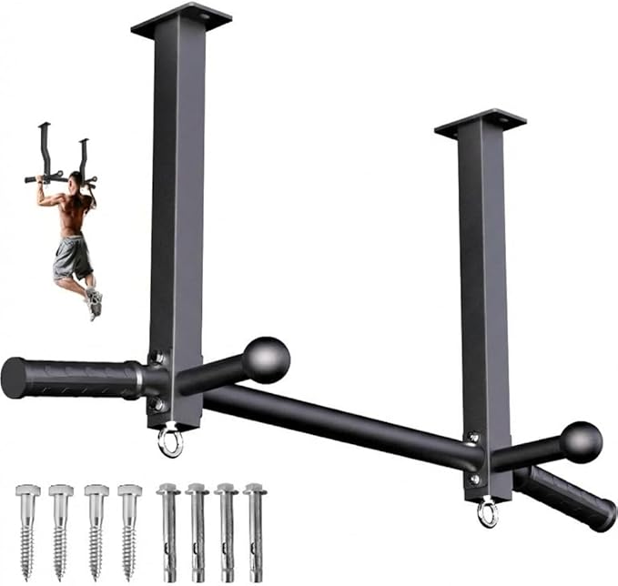 Pull Up Bar Ceiling Mount, 600LBS Heavy Duty Multi Grip Chin Up Bar, 16" Rafter PullUp Bar, Ceiling Beam for Gym/Garage/Basement with Ball Finger & Round Anchors, Easy to Install-Black