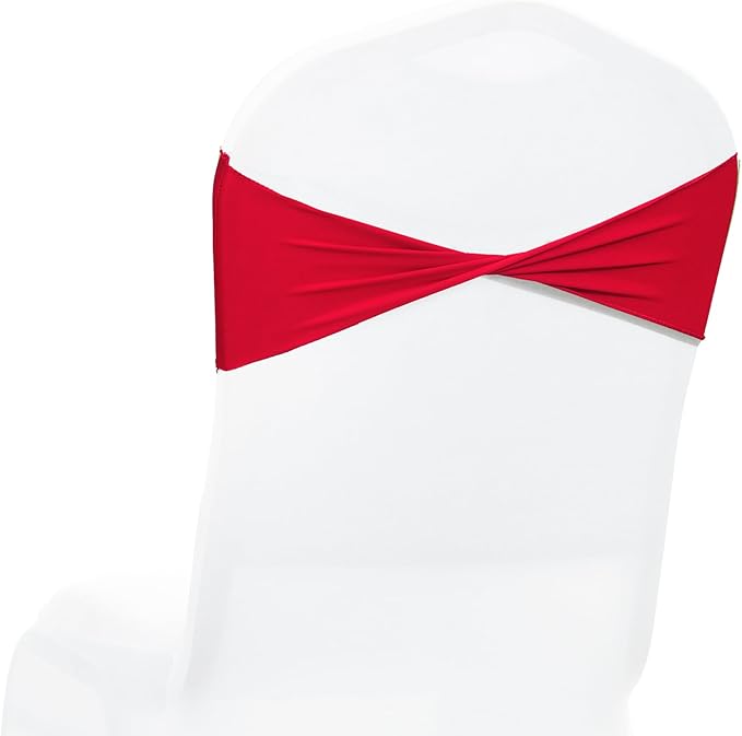 MDS Pack of 10 Spandex Chair Sashes Bows Elastic Stretch Dining Chair Bands Ties Without Slider Buckle Universal fits for Wedding Baby Shower Birthday Party Banquet Event Decoration - Red