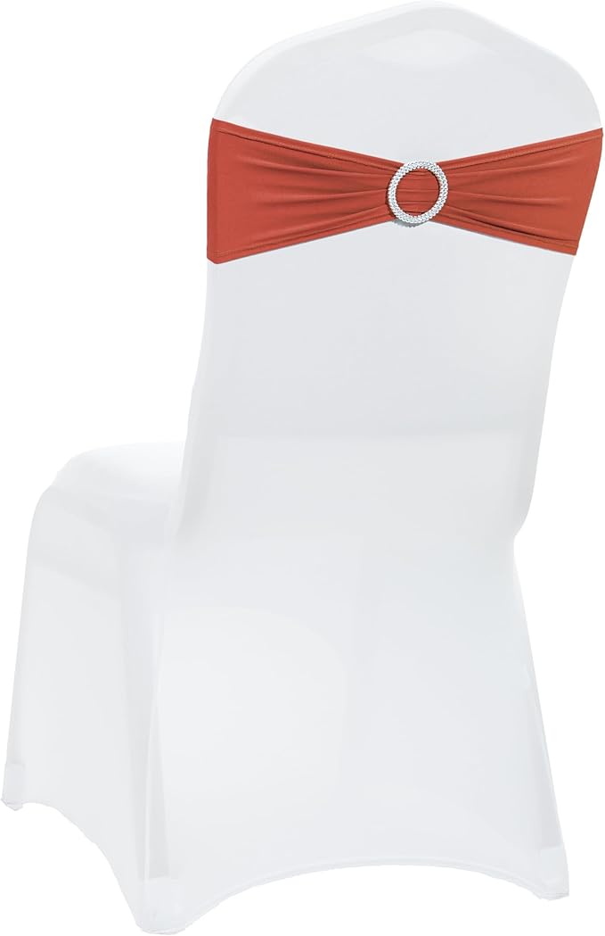VDS - Terracotta | Spandex Chair Sashes Bows | 125 PCS | Stretch Elastic Banquet Universal Folding Chair Band Tie with Silver Buckle Slider for Wedding Party Conference Celebration Event Decoration