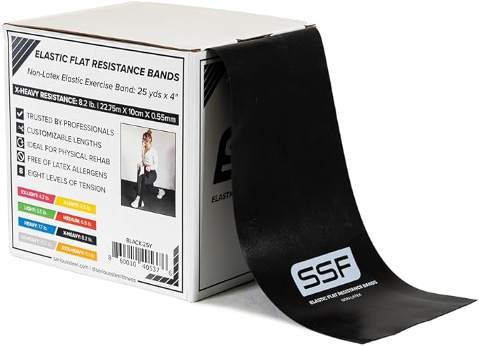 Serious Steel Fitness Flat Resistance Bands for Upper and Lower Body Strength Training and Exercise. (Non-Latex Flat Physical Therapy Exercise Bands - 4" x 25 Yards or 4" x 5 Feet)