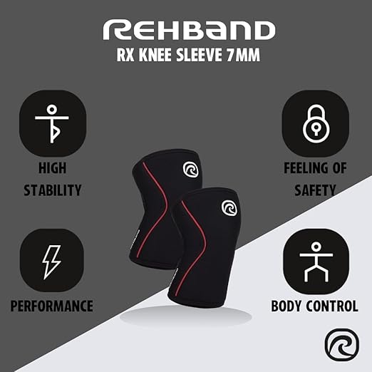 Rehband RX Knee Support for Strength Training & Fitness - 7mm Neoprene Knee Sleeve, Flexible & Non-Slip, Knee Sleeve for Men & Women, Colour:Black/Red - 1 Pair, Size:X-Large