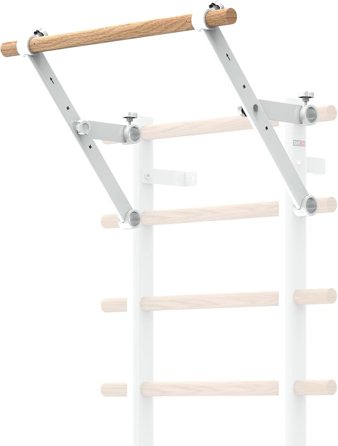 DHT Wood Stall Bar, Swedish Ladder Suspension Trainer with 9 Strategic Rods, for Home, Gym, School and Clinics, White
