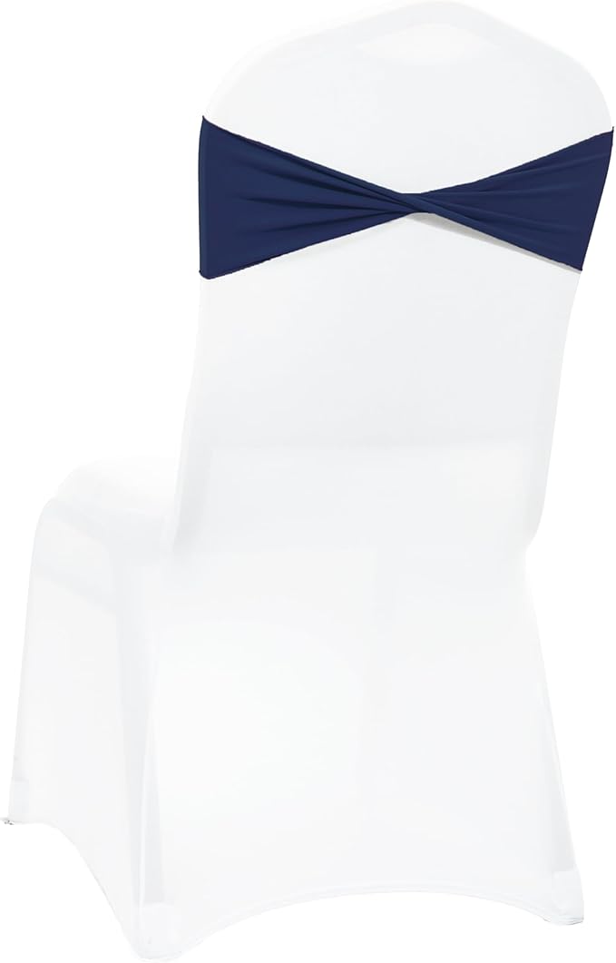 MDS Pack of 100 Spandex Chair Sashes Bows Elastic Stretch Dining Chair Bands Ties Without Slider Buckle Universal fits for Wedding Baby Shower Birthday Party Banquet Event Decoration - Navy Blue