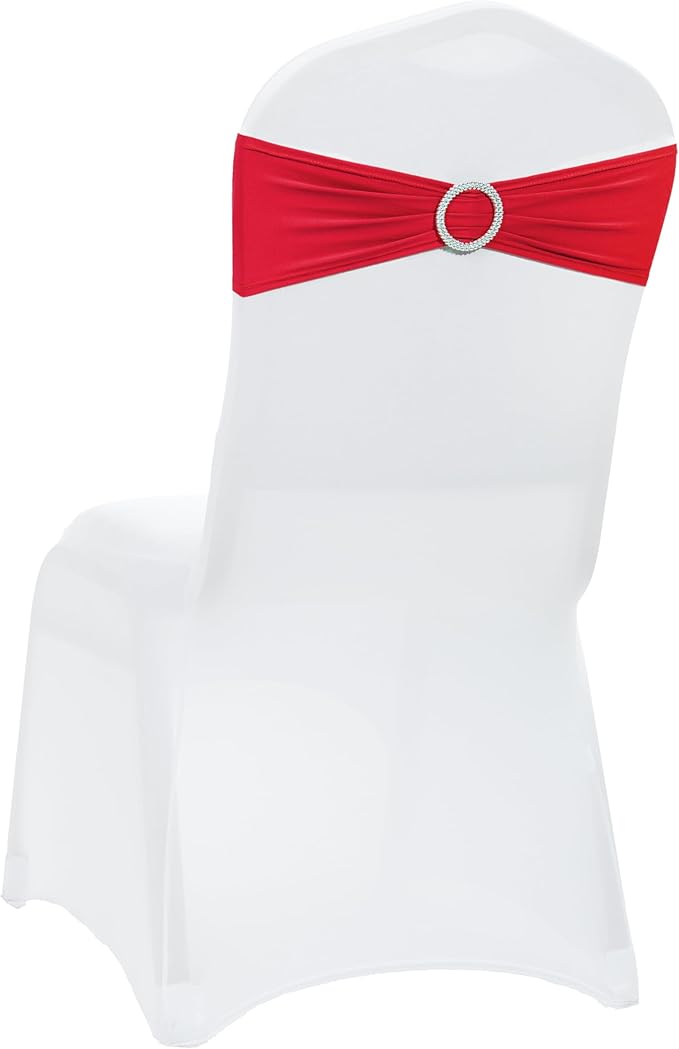 VDS - Red | Spandex Chair Sashes Bows | 100 PCS | Stretch Elastic Banquet Universal Folding Chair Band Tie with Silver Buckle Slider for Wedding Party Conference Celebration Event Decoration