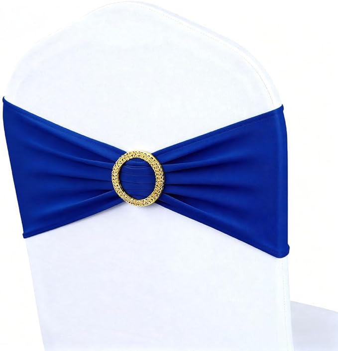 Royal Blue Chair Sashes 50 Pack, Spandex Blue Chair Bows with Gold Buckle for Wedding Decoration, Stretch Blue Chairs Bands for Party Banquet Gender Reveal Décor