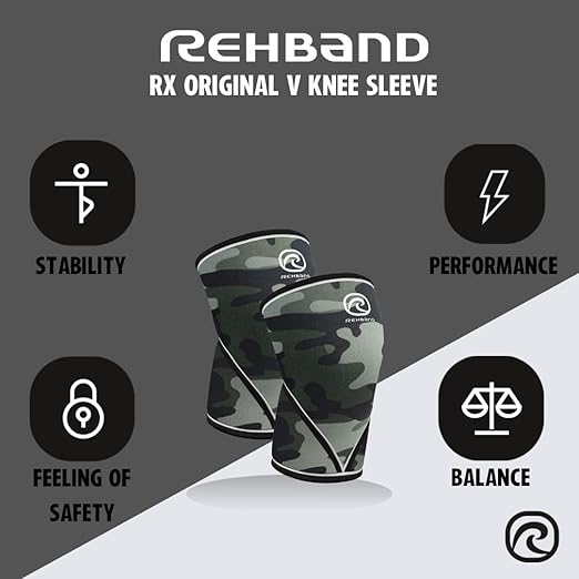 Rehband Classic 7mm V Knee Sleeve for Weightlifting, Competition Grade Powerlifting Knee Sleeve, Compression Sleeve for Crossfit, Squats, Gym & Heavy Lifts, Colour:Camo - 1 Pair, Size:Medium