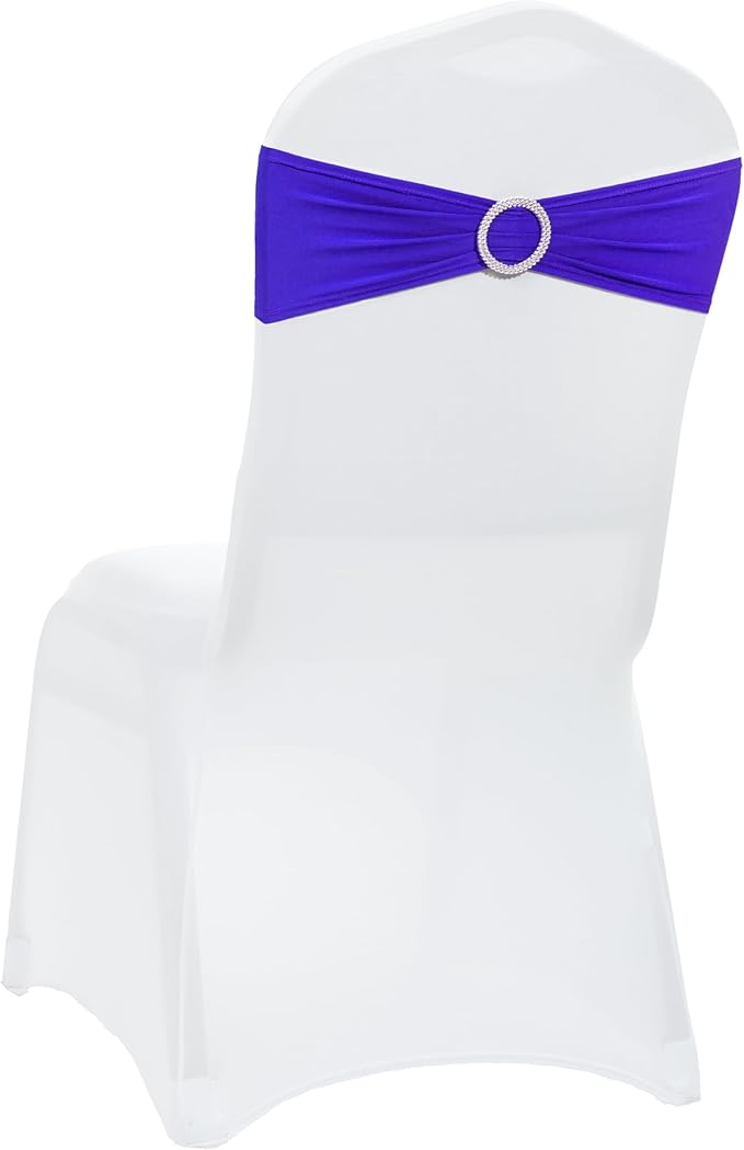 VDS - Royal Blue | Spandex Chair Sashes Bows | 200 PCS | Stretch Elastic Banquet Universal Folding Chair Band Tie with Silver Buckle Slider for Wedding Party Conference Celebration Event Decoration