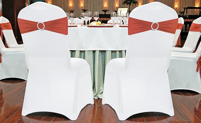 VDS - Terracotta | Spandex Chair Sashes Bows | 250 PCS | Stretch Elastic Banquet Universal Folding Chair Band Tie with Silver Buckle Slider for Wedding Party Conference Celebration Event Decoration