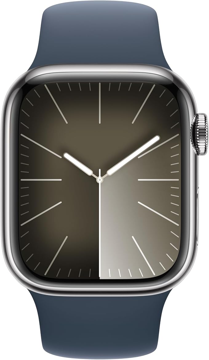 Apple Watch Series 9 [GPS + Cellular 41mm] Smartwatch with Silver Stainless Steel Case with Storm Blue Sport Band S/M. Fitness Tracker, Blood Oxygen & ECG Apps, Always-On Retina Display