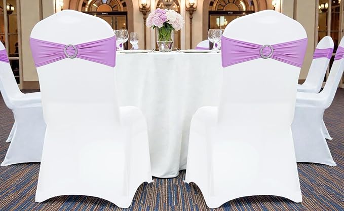 MDS Pack of 150 Spandex Chair Sashes Bow Universal fits Elastic Stretch Chair Bands Ties with Buckle for Wedding Party Banquet Events Decoration Spandex Slider Sashes Bow - Light Purple