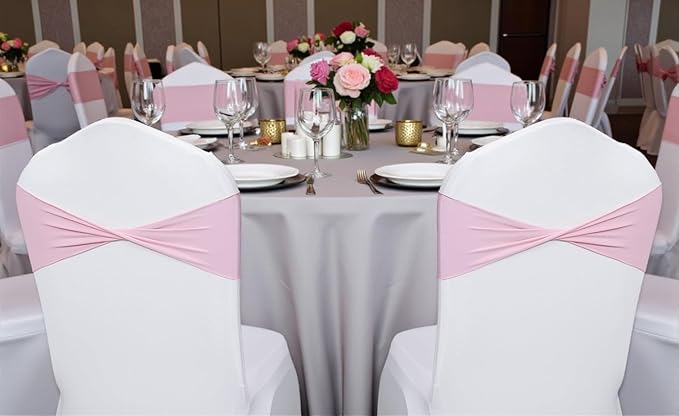 MDS Pack of 25 Spandex Chair Sashes Bows Elastic Stretch Dining Chair Bands Ties Without Slider Buckle Universal fits for Wedding Baby Shower Birthday Party Banquet Event Decoration - Blush Pink