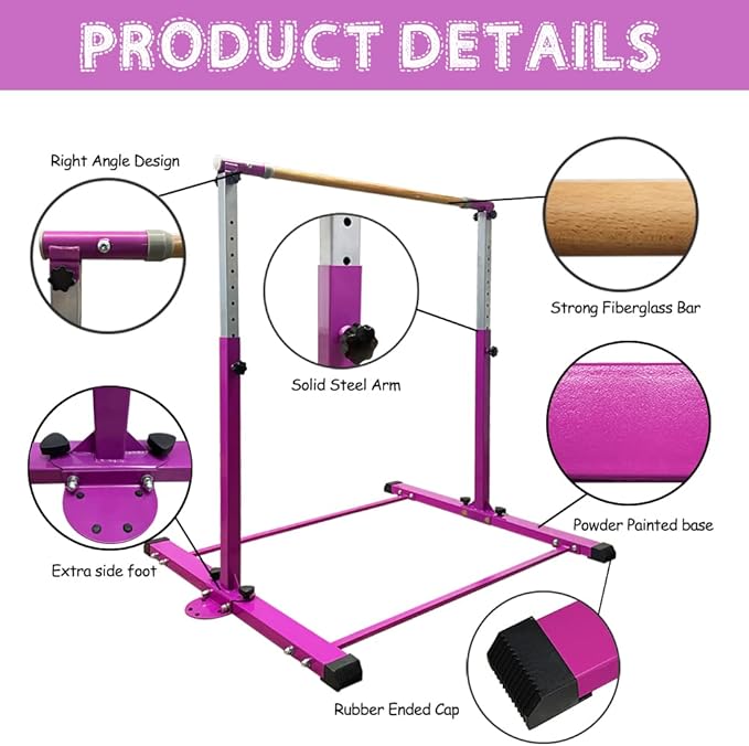 Gymnastics Bar for Kids Girls Ages 3-15 with Ring for Home Indoor Training Equipment- Steady Steel Construction, Anti-Slip, Easy to Assemble, 3' to 5' Adjustable Height