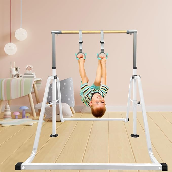 GLANT Gymnastics Bar for Kids with Rings Set, 7 Heights Adjustable Easy Folding Gymnastic Training Bar Kids Monkey Horizontal Bars - Max Load 300LBS