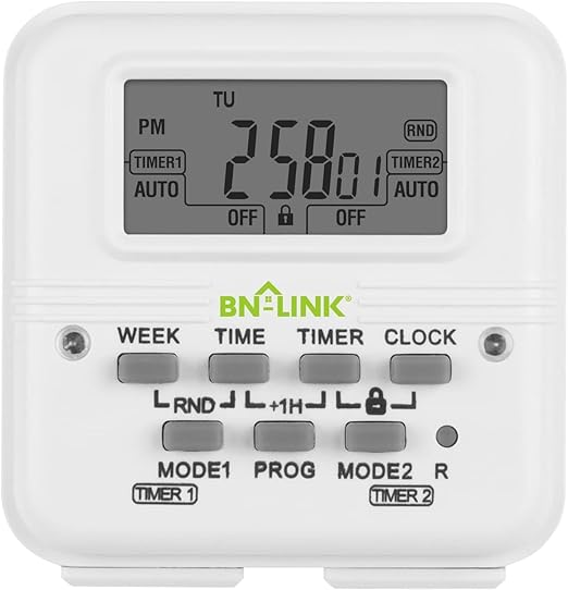 BN-LINK Indoor Digital Light Timer, 7 Day Programmable Plug with 2 Independent 3-Prong Outlets, for Lamps, Fans, 2 On/Off Settings, 1 Pack, 15A/1875W, ETL Listed