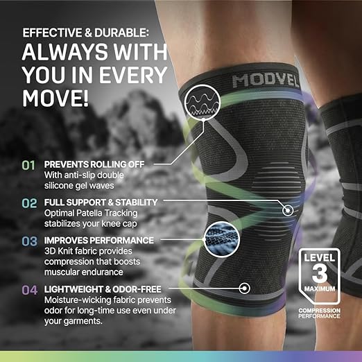 Modvel 2 Pack Knee Brace for Women & Men - Knee Support for Walking, Knee Compression Sleeves for Pain Relief, Knee Sleeves for Women, Knee Sleeves for Men, Knee Brace for Sports, Workouts & Arthritis