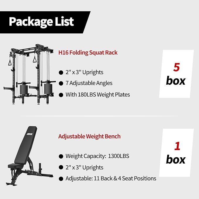 JEEKEE Folding Wall Mounted Power Rack with 180LB Weight Stack, 2400LB 2×3 Heavy Duty Squat Rack, Dual Cable Crossover System 1:1 Ratio, Functional Trainer for Home Gym Small Space,Black