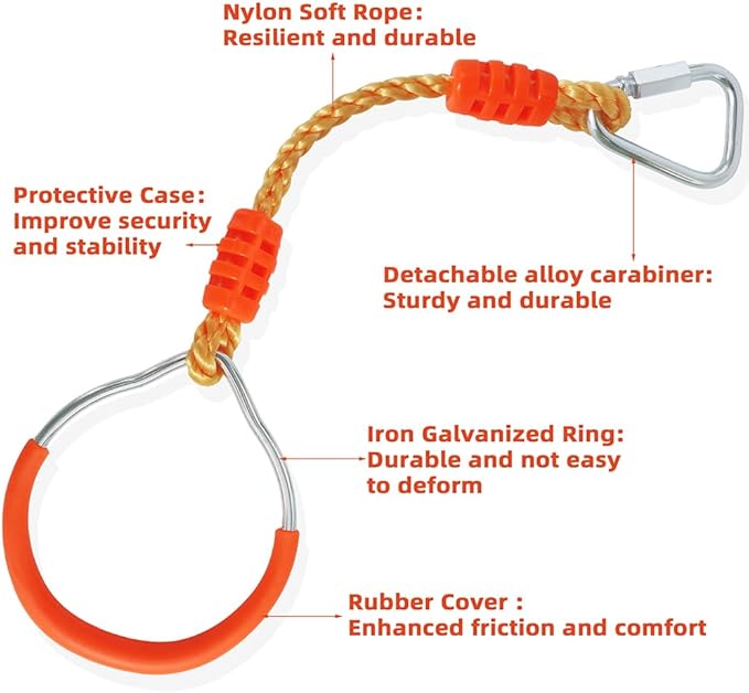 Fitness Gymnastic Ring Swing Monkey Bar Fists Trapeze Obstacle Course For Backyard Outdoor Indoor Jungle Home Gym, 8 Pack Orange Hang Ninja Rope Rings Warrior Accessories Playground Training Equipment
