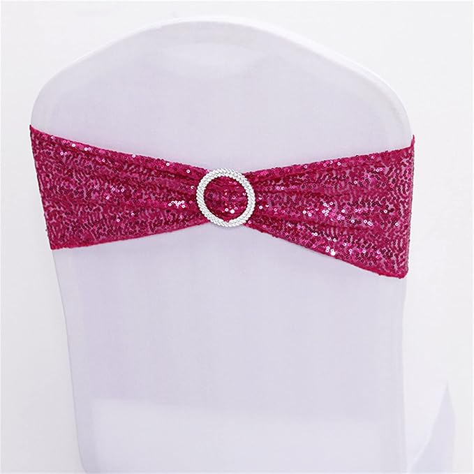 Dimatic 50 PCS Stretch Sequin Chair Sashes Chair Stretchy Spandex Bands for Wedding Reception Events Banquets Chairs Decoration (Magenta)