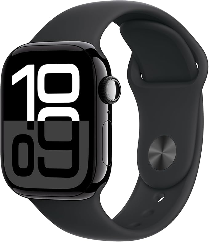 Apple Watch Series 10 [GPS + Cellular 42mm case] Smartwatch with Jet Black Aluminum Case with Black Sport Band - M/L. Fitness Tracker, ECG App, Always-On Retina Display, Water Resistant