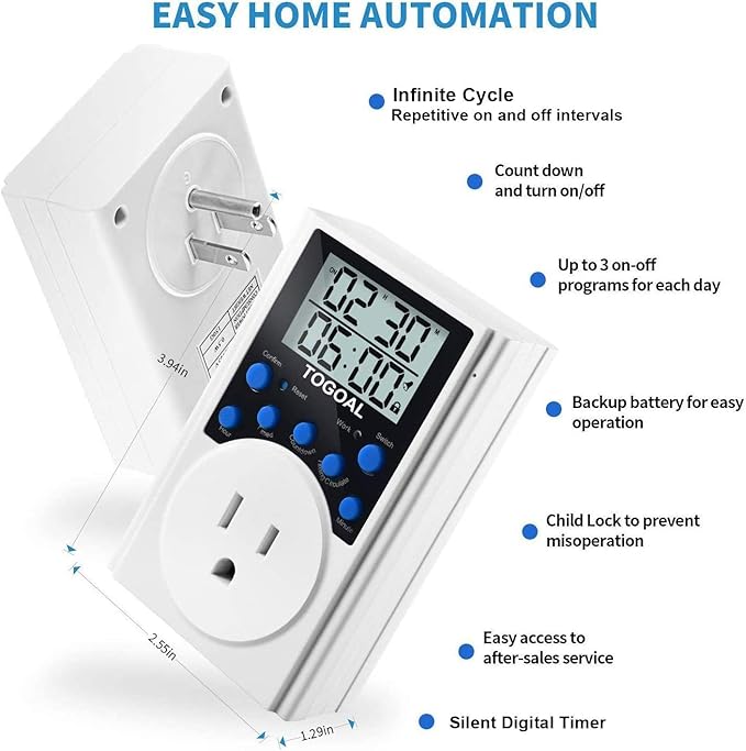 Digital Infinite Repeat Cycle Timer Plug with Countdown and 24 Hour Daily on-Off Programs for Electrical Outlets, Lights, Hydroponic Pumps (120V, 15A) [2 Pack]