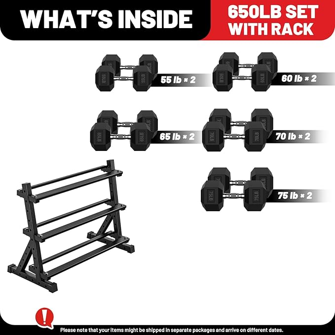 PAPABABE Hex Dumbbell Set with Rack, Rubber Encased Free Weight with Weight Storage Racks, Multiple Weight Options for Home Gym and Fitness