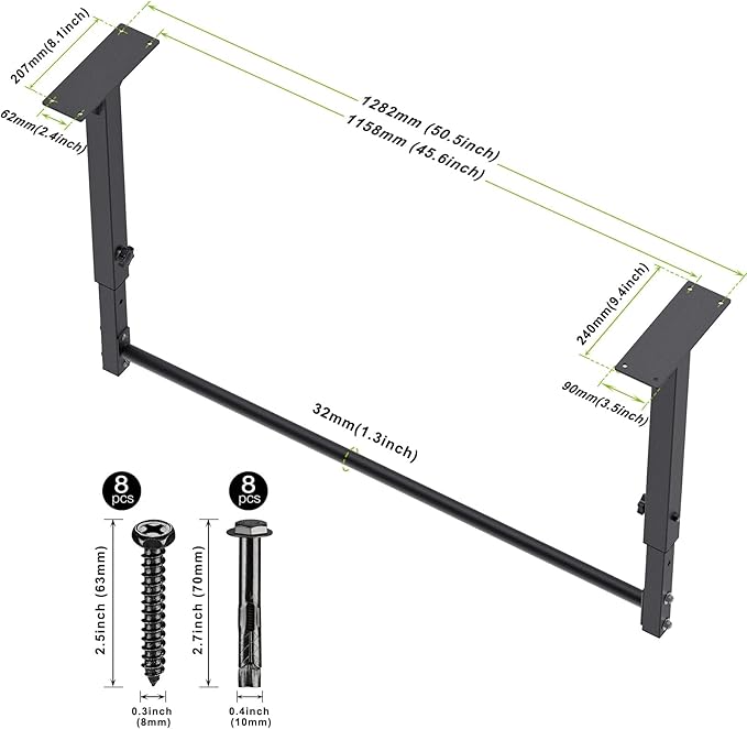 Kipika 48" Ceiling Mounted Pull Up Bar, Heavy Duty Multi-Grip Chin Up Bar,Mounted Pullup Bar, Adjustable Height, Pull Up Bands for Chin Ups & Body Stretching, Ideal for Home Gym and Strength Training