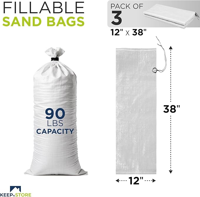 Heavy Duty Sand Bags Pack of 3, White Empty Sandbags with Built-In Ties, Woven Polypropylene UV Protection 1600 Hours, Fillable Bags for Flood Control, Weight, 38x18 inches, 90 Pounds Volume