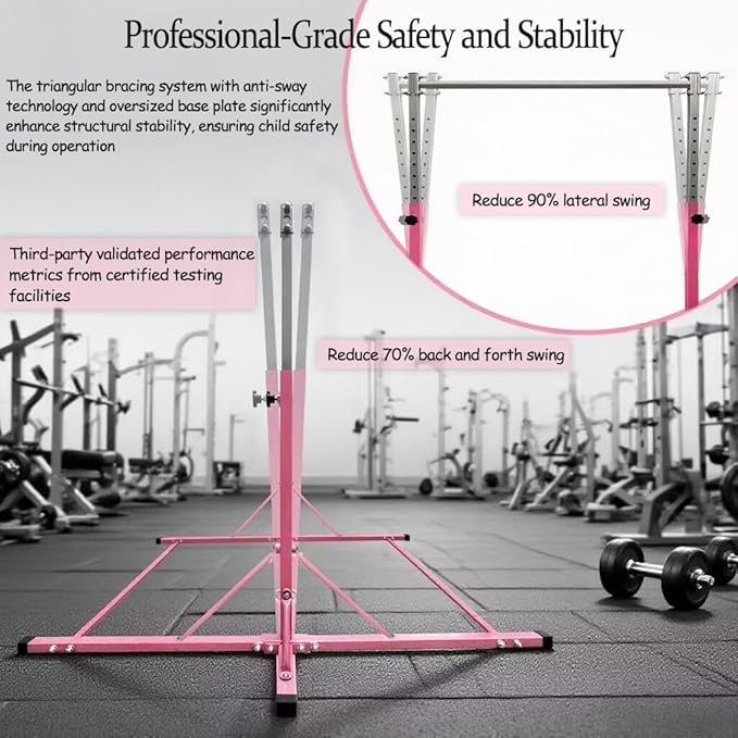 Gymnastics Bar for Kids Girls Ages 3-15 with Ring for Home Indoor Training Equipment- Steady Steel Construction, Anti-Slip, Easy to Assemble, 3' to 5' Adjustable Height