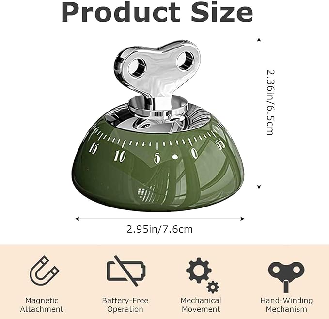 60-Minute Mechanical Timer with Loud Alarm & Strong Magnetic Back, Visual Countdown Clock for Cooking, Study, Fitness, and Classroom Use (Green)