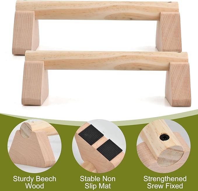 Pushup Handle Wood, Wooden Parallettes Bars for Calisthenics & Handstand Training, Push Up Bars with Non-Slip Base, Push-up Stand Strength Training & Home Gym Workout Equipment for Men Women