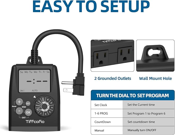 TiFFCOFiO New Digital Outdoor Timer Outlet, Dial Programmable Method, Outdoor Light Timer Waterproof, 2 Grounded Electrical Outlets for Christmas Lights, 6 Sets of Programs, 15A/1875W (2 Packs)