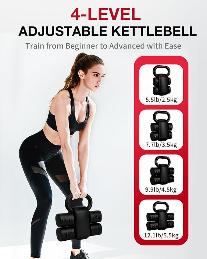 Adjustable 2-in-1 Dumbbell & Kettlebell Set, Free Hand Weight 4.4lb~11lb for Home Gym Training