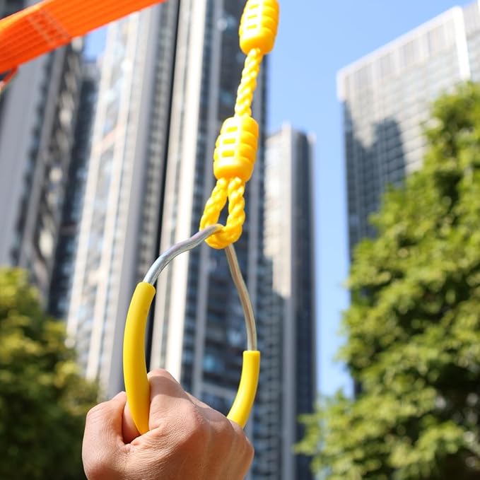 Multi-Color Ninja Rings & Monkey Bars - Adjustable Backyard Obstacle Course for Kids & Adults, Heavy-Duty Gymnastic Swing Rings, Ninjaline Slackline Training Kit (Yellow)
