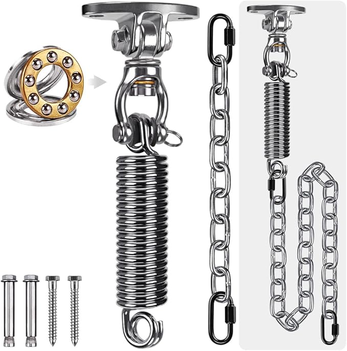 SELEWARE Hammock Chair Hanging Kit, Stainless Steel Bearing Swing Hanger with Heavy Duty Spring and Chain, Ceiling Mount for Hanging Indoor Outdoor Swing, Hammock Chair, Heavy Punching Bag
